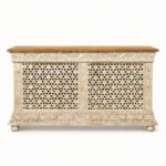 Jharokhira | Solid Mango Wood Console Cabinet with Hand-Carved Jali Doors, Floral Detailing & Natural Wood Top in Distressed Antique White Finish – Wooden Slice - Image 3