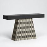 Noirvex | Engineered Wood Console Table with Bone & Mother-of-Pearl Striped Inlay, Sculptural Trapezoid Base in Black & Ivory Finish – Wooden Slice - Image 3