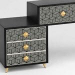 Zymerra | Engineered Wood Bone & Mother-of-Pearl Inlay Vanity Console with Geometric Drawers, Gold Accents in Black & White Finish – Wooden Slice - Image 4