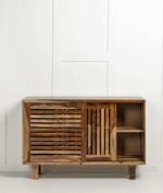 Tavrik | Solid Sheesham Wood Shoe Cabinet with Sliding Slatted Doors & Open Side Shelves in Two-Tone Natural Brown Finish – Wooden Slice - Image 3