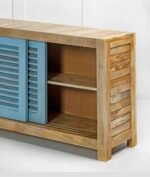 Azulwick | Mango Wood Shoe Cabinet with Sliding Louvered Doors & Open Shelves in Natural Wood and Azure Blue Finish – Wooden Slice - Image 4