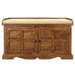 Hastinara | Solid Sheesham Wood Shoe Storage Bench with Hand-Carved Elephant Doors & Upholstered Seat in Honey Finish – Wooden Slice - Image 2