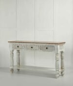 Devanshika | Solid Mango & Sheesham Wood Console Table with Hand-Carved Drawers, Turned Legs & Open Shelf in Distressed White and Natural Wood Finish – Wooden Slice - Image 2