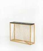 Aurekshan | Sheesham Wood & Iron Console Table with Hand-Carved Geometric Top and Gold Metal Frame in Walnut and Gold Finish – Wooden Slice - Image 3