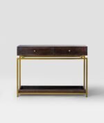 Orvantis | Solid Sheesham Wood Console Table with Two Drawers, Gold Powder-Coated Iron Frame & Lower Shelf in Walnut Brown Finish – Wooden Slice - Image 2