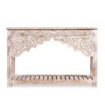 Mehrangana | Solid Mango Wood Console Table with Hand-Carved Floral Arch, Traditional Rajasthani Detailing & Slatted Lower Shelf in Distressed Natural Finish – Wooden Slice - Image 3