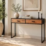 Recycled Wood Console Table with 2 drawers and black iron frame in natural finish.