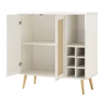 Lunavelle | Solid Wood Cane Bar Cabinet with Dual Doors and Open Bottle Storage in White Finish – Wooden Slice - Image 3