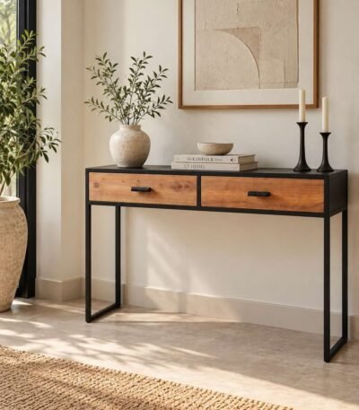 Recycled Wood Console Table with 2 drawers and black iron frame in natural finish.