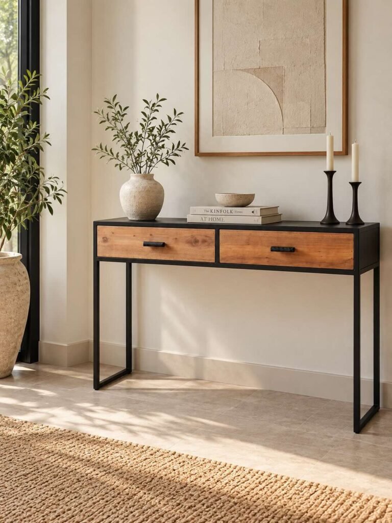 Recycled Wood Console Table with 2 drawers and black iron frame in natural finish.