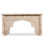 Mehrjaliya | Solid Mango Wood Console Table with Hand-Carved Geometric Jali, Mughal-Inspired Scalloped Arch & Pillar Legs in Distressed Natural Finish – Wooden Slice - Image 2