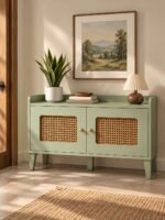 Sagehaven | Solid Wood Shoe Cabinet with Natural Rattan Doors, 2-Tier Storage & Sage Green Finish – Wooden Slice - Image 3