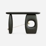 Kavolith | Solid Mango Wood Console Table with Sculptural Oval Pedestals, Circular Cutout & Brass Accents in Charcoal Black Finish – Wooden Slice - Image 2