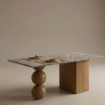 Marmora | Solid Wood 6 Seater Dining Table with Marble Top & Sculptural Ball Pedestal in Natural Brown Finish – Wooden Slice - Image 3