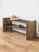 Stratford | Solid Wood & Metal 2-Tier Shoe Rack with Black Slatted Shelves in Natural Wood Finish – Wooden Slice - Image 3