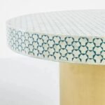 Aurevyn | Bone Inlay Round Dining Table with Blue & White Geometric Pattern and Gold-Tone Base – Wooden Slice - Image 3
