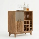 Braventh | Solid Wood Bar Cabinet with Fluted Metal Accents, Wine Rack and Glass Holders in Natural Finish – Wooden Slice - Image 3