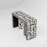 Zenthria | Handcrafted Hardwood Console Table with Bone & Mother-of-Pearl Inlay, Geometric Maze Pattern and Sculptural Legs in Black & Ivory Finish – Wooden Slice - Image 3