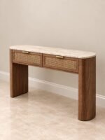 Mirevon | Solid Oak Wood & Emperador Marble Console Table with Rattan Drawers in Brown Finish – Wooden Slice - Image 3