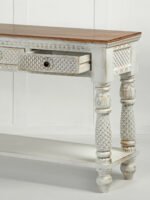 Devanshika | Solid Mango & Sheesham Wood Console Table with Hand-Carved Drawers, Turned Legs & Open Shelf in Distressed White and Natural Wood Finish – Wooden Slice - Image 3