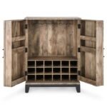 Solvayne | Solid Wood Bar Cabinet with Carved Sunburst Doors and Black Metal Base in White Distressed Finish – Wooden Slice - Image 6