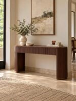 Solid Wood Console Table with fluted detailing and rounded edges in brown finish.