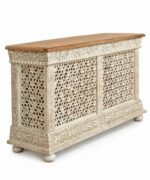 Jharokhira | Solid Mango Wood Console Cabinet with Hand-Carved Jali Doors, Floral Detailing & Natural Wood Top in Distressed Antique White Finish – Wooden Slice - Image 2