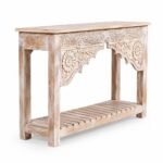 Mehrangana | Solid Mango Wood Console Table with Hand-Carved Floral Arch, Traditional Rajasthani Detailing & Slatted Lower Shelf in Distressed Natural Finish – Wooden Slice - Image 2