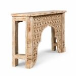 Mehrjaliya | Solid Mango Wood Console Table with Hand-Carved Geometric Jali, Mughal-Inspired Scalloped Arch & Pillar Legs in Distressed Natural Finish – Wooden Slice - Image 3