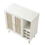 Lunavelle | Solid Wood Cane Bar Cabinet with Dual Doors and Open Bottle Storage in White Finish – Wooden Slice - Image 5