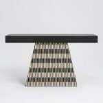 Noirvex | Engineered Wood Console Table with Bone & Mother-of-Pearl Striped Inlay, Sculptural Trapezoid Base in Black & Ivory Finish – Wooden Slice - Image 2