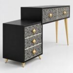 Zymerra | Engineered Wood Bone & Mother-of-Pearl Inlay Vanity Console with Geometric Drawers, Gold Accents in Black & White Finish – Wooden Slice - Image 3