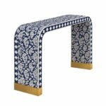 Neeloria | Handcrafted Hardwood Bone Inlay Console Table with Navy Blue & Ivory Floral Pattern, Curved Waterfall Design and Gold Accents – Wooden Slice - Image 3