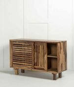 Tavrik | Solid Sheesham Wood Shoe Cabinet with Sliding Slatted Doors & Open Side Shelves in Two-Tone Natural Brown Finish – Wooden Slice - Image 2
