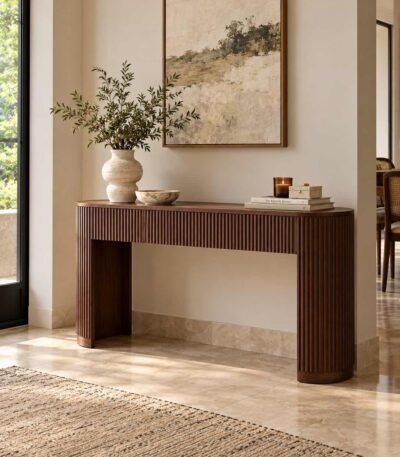 Solid Wood Console Table with fluted detailing and rounded edges in brown finish.