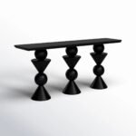 Orbisculpt | Solid Wood Console Table with Three Sculptural Geometric Pedestals & Rounded Rectangular Top in Charcoal Black Finish – Wooden Slice - Image 2