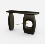 Kavolith | Solid Mango Wood Console Table with Sculptural Oval Pedestals, Circular Cutout & Brass Accents in Charcoal Black Finish – Wooden Slice - Image 3