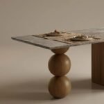 Marmora | Solid Wood 6 Seater Dining Table with Marble Top & Sculptural Ball Pedestal in Natural Brown Finish – Wooden Slice - Image 5