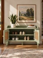 Sagehaven | Solid Wood Shoe Cabinet with Natural Rattan Doors, 2-Tier Storage & Sage Green Finish – Wooden Slice - Image 2