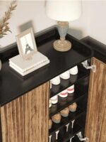 Ridgecrest | Solid Wood Shoe Cabinet with Geometric Carved Doors & Raised Black Frame in Matte Black and Natural Wood Finish – Wooden Slice - Image 3