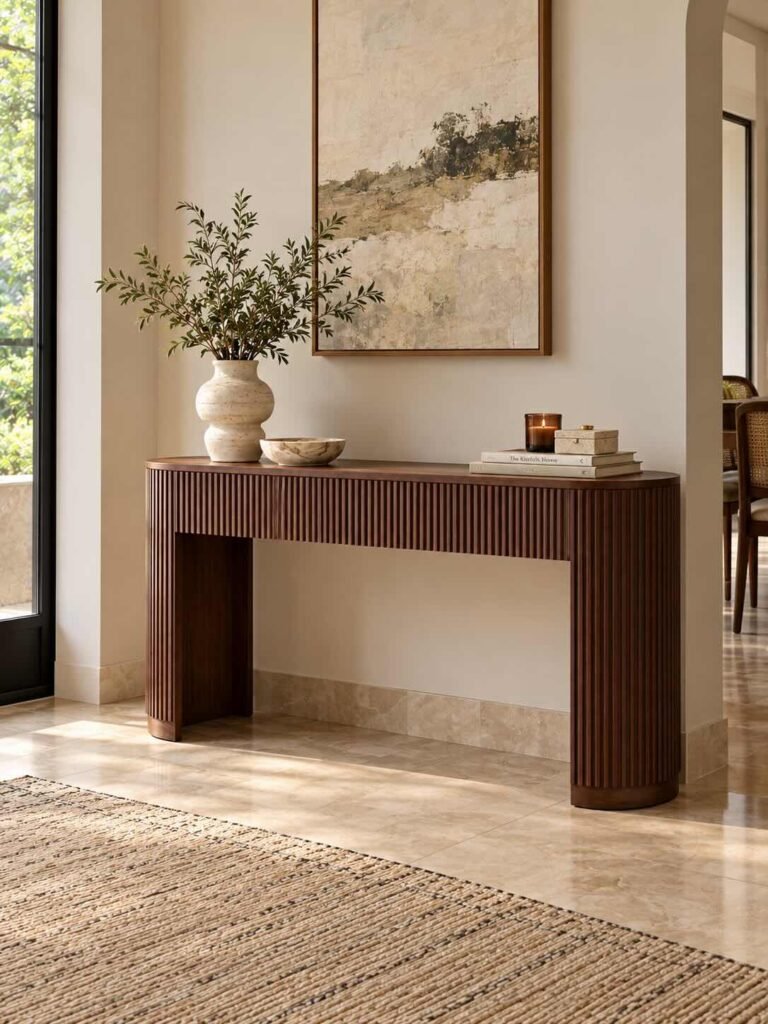 Solid Wood Console Table with fluted detailing and rounded edges in brown finish.