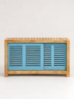 Azulwick | Mango Wood Shoe Cabinet with Sliding Louvered Doors & Open Shelves in Natural Wood and Azure Blue Finish – Wooden Slice - Image 2
