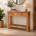 Sheesham Wood Console Table with 2 drawers and slatted lower shelf in natural matt finish.