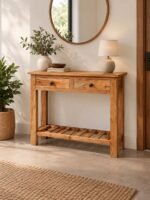 Sheesham Wood Console Table with 2 drawers and slatted lower shelf in natural matt finish.