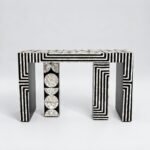 Zenthria | Handcrafted Hardwood Console Table with Bone & Mother-of-Pearl Inlay, Geometric Maze Pattern and Sculptural Legs in Black & Ivory Finish – Wooden Slice - Image 2