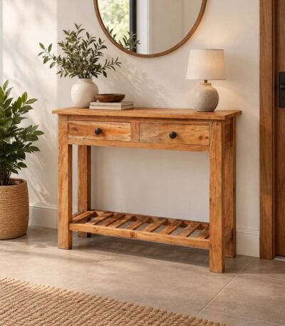 Sheesham Wood Console Table with 2 drawers and slatted lower shelf in natural matt finish.