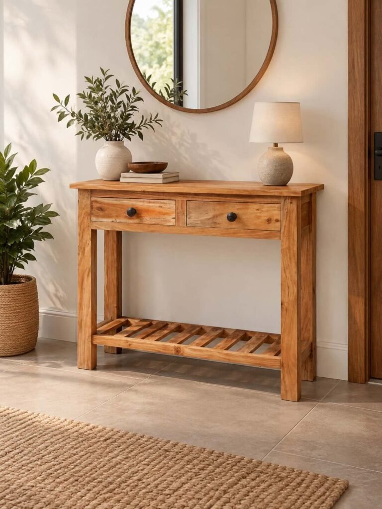 Sheesham Wood Console Table with 2 drawers and slatted lower shelf in natural matt finish.