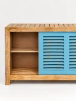 Azulwick | Mango Wood Shoe Cabinet with Sliding Louvered Doors & Open Shelves in Natural Wood and Azure Blue Finish – Wooden Slice - Image 3