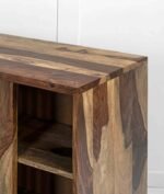 Tavrik | Solid Sheesham Wood Shoe Cabinet with Sliding Slatted Doors & Open Side Shelves in Two-Tone Natural Brown Finish – Wooden Slice - Image 4