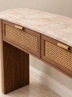 Mirevon | Solid Oak Wood & Emperador Marble Console Table with Rattan Drawers in Brown Finish – Wooden Slice - Image 2